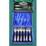 CASED SET OF SIX HALLMARKED SILVER TEA SPOONS AND CASED MANICURE SET