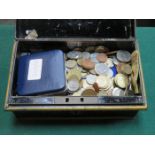 TIN CONTAINING VARIOUS COINAGE AND ALSO SPORTING MEDALS