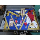 BRIEFCASE CONTAINING MASONIC REGALIA INCLUDING APRON AND SASH, GLOVES AND JEWELS, ETC.