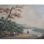 SMALL FRAMED WATERCOLOUR DEPICTING A RIVERSIDE SCENE, ATTRIBUTED TO JOHN COALBOURNE, UNSIGNED,