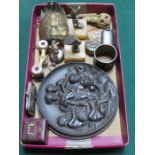 SUNDRY LOT INCLUDING BRASS TURTLE, THREE SOVEREIGN CASES, OPERA GLASSES, CIRCULAR PLAQUE,