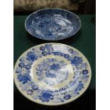 ORIENTAL STYLE BLUE AND WHITE CIRCULAR WALL PLAQUE (A/F) AND ANOTHER BLUE AND WHITE WALL PLAQUE