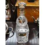 SILVER MOUNTED GLASS DECANTER AND GLASS DECANTER WITH SILVER WHISKEY LABEL