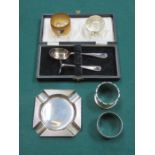 SILVER PUSH AND SPOON SET PLUS ASHTRAY AND FOUR NAPKIN RINGS