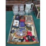 PICQUOT WARE TRAY CONTAINING SUNDRIES INCLUDING PHOTOGRAPHS, FAN, PRISONER OF WAR MATCH HOLDER,