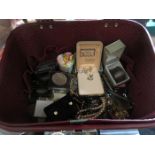 STORAGE BOX CONTAINING COSTUME JEWELLERY, SILVER PENS, COINAGE AND BANKNOTES, ETC.