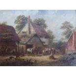 AFTER GEORGE MORELAND, GILT FRAMED OIL ON CANVAS DEPICTING A BUSY FARM SCENE,