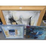 TWO FRAMED ABSTRACT CANVASES AND UNFRAMED ABSTRACT CANVAS