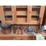 PARCEL OF VARIOUS COPPER AND BRASS, FIRESIDE ITEMS, SILVER PLATEDWARE, SHOE LASTS,