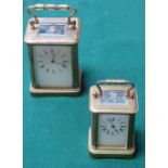 TWO SMALL BRASS AND GLASS CASES CARRIAGE CLOCKS (ONE AT FAULT)