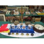 PARCEL OF LEWIS'S MEMORABILIA INCLUDING SIGNS, WEIGHING SCALES, CLOCK, MUGS, CARRIAGE LAMPS,