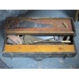 WOODEN BOX CONTAINING VARIOUS WOODWORKING TOOLS