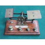 SMALL BRASS VINTAGE POSTAGE SCALES ON STAND WITH WEIGHTS