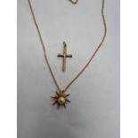 9ct GOLD CROSS PENDANT AND 9ct GOLD PEARL TYPE STAR PENDANT ON CHAIN