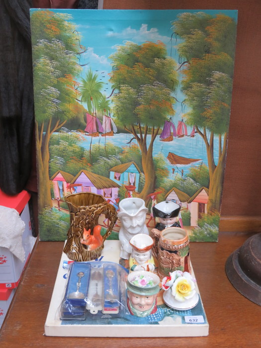 UNFRAMED AFRICAN STYLE CANVAS PICTURE, BING CROSBY ALBUM, SOUVENIR SPOONS AND TOBY JUGS, ETC.