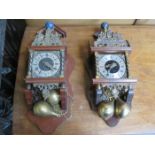 TWO ORMOLU MOUNTED WOODEN CASED WALL CLOCKS WITH BRASS PLUM WEIGHTS