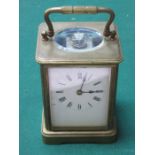 BRASS AND GLASS FRENCH STYLE CARRIAGE CLOCK WITH ENAMELLED DIAL