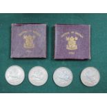 TWO CASED FESTIVAL OF BRITAIN COINS AND FOUR 1930s CROWNS