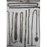 VARIOUS SILVER AND SILVER COLOURED ALBERT AND OTHER WATCH CHAINS