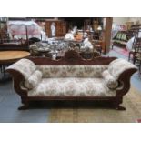 GOOD QUALITY CARVED MAHOGANY FRAMED AND UPHOLSTERED CHAISE LONGUE
