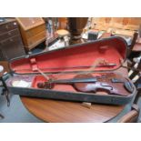 WOODEN CASED VIOLIN AND BOW,