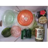 PARCEL OF COLOURED AND OTHER GLASSWARE PLUS VARIOUS STORAGE TINS