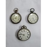 TWO HALLMARKED SILVER FOB WATCHES AND SILVER COLOURED POCKET WATCH