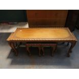 CARVED MAHOGANY COFFEE TABLE AND FOUR SMALLER TABLES