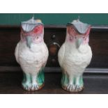 PAIR OF MAJOLICA STYLE PEWTER LIDDED CERAMIC PARROT JUGS