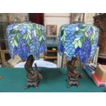 PAIR OF TIFFANY STYLE FIGURE FORM TABLE LAMPS WITH MULTI-COLOURED SHADES