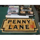 PARCEL OF BEATLES MEMORABILIA INCLUDING REPRODUCTION PENNY LANE SIGN,