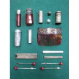 MIXED LOT OF SILVER INCLUDING PERFUME JARS, HAIR CLIP AND SHAVING BRUSH, ETC.