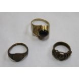 SILVER GILT DRESS RING SET WITH OVAL STONE AND GOLD PLATED SIGNET RING PLUS ONE OTHER RING