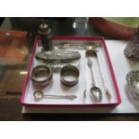 MIXED LOT OF HALLMARKED SILVER INCLUDING NAPKIN RINGS, SUGAR TONGS, PIN JAR AND FLATWARE, ETC.