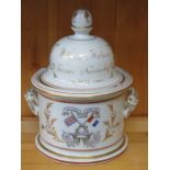 EARLY VICTORIAN HANDPAINTED AND GILDED FARMING RELATED TOBACCO JAR WITH COVERS