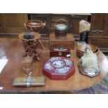 SUNDRY LOT OF TREEN INCLUDING OCTAGONAL MOTHER OF PEARL STORAGE BOX, TAXIDERMIC FOX,