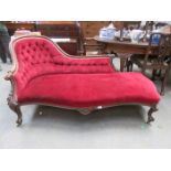 VICTORIAN CARVED MAHOGANY UPHOLSTERED CHAISE LONGUE