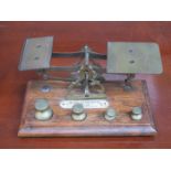 SMALL BRASS VINTAGE POSTAGE SCALES ON STAND WITH WEIGHTS