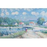 FRAMED OIL ON CANVAS DEPICTING A LAKESIDE VILLAGE SCENE, SIGNED (INDISTINCT),