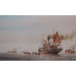 COLIN VERITY, FRAMED OIL ON BOARD DEPICTING BOATS AT SEA,