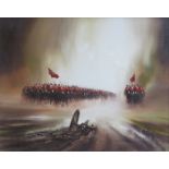 JOHN BAMPFIELD, FRAMED OIL ON CANVAS DEPICTING A CAVALRY ON THE MARCH,
