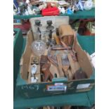 SUNDRY LOT INCLUDING BELLOWS, CASED CAMERA, FIELD COMPASS, CANDLESTICKS, WATERCOLOUR,