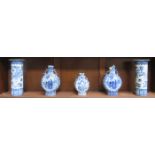 THREE ORIENTAL BLUE AND WHITE CERAMIC MOON FLASK (ALL AT FAULT) PLUS PAIR OF SLEEVE VASES (ONE AT