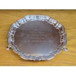HALLMARKED SILVER WAVE EDGED SALVER ON RAISED SUPPORTS, BY MAPPIN AND WEBB. SHEFFIELD ASSAY.