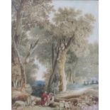 GEORGE BARRET JR, FRAMED WATERCOLOUR- FIGURES IN A WOOD,