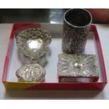 FOUR PIECES OF HALLMARKED SILVER INCLUDING ART NOUVEAU LIDDED PILL BOX, ETC.