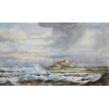 ROBERT LUCKHURST, FRAMED WATERCOLOUR DEPICTING A STORM OVER BAMBURGH CASTLE,