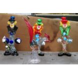 THREE MURANO GLASS CLOWNS AND GLASS COCKEREL