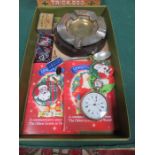 PARCEL OF LEWIS'S MEMORABILIA INCLUDING WHITE METAL POCKET WATCH, PAPERWEIGHTS, MATCH CASE,