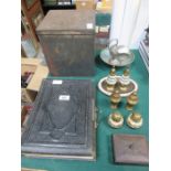 MIXED LOT OF SUNDRIES INCLUDING MOTHER OF PEARL MOUNTED BRASSWARE, PRIMUS STONE, BRONZE STORAGE TIN,